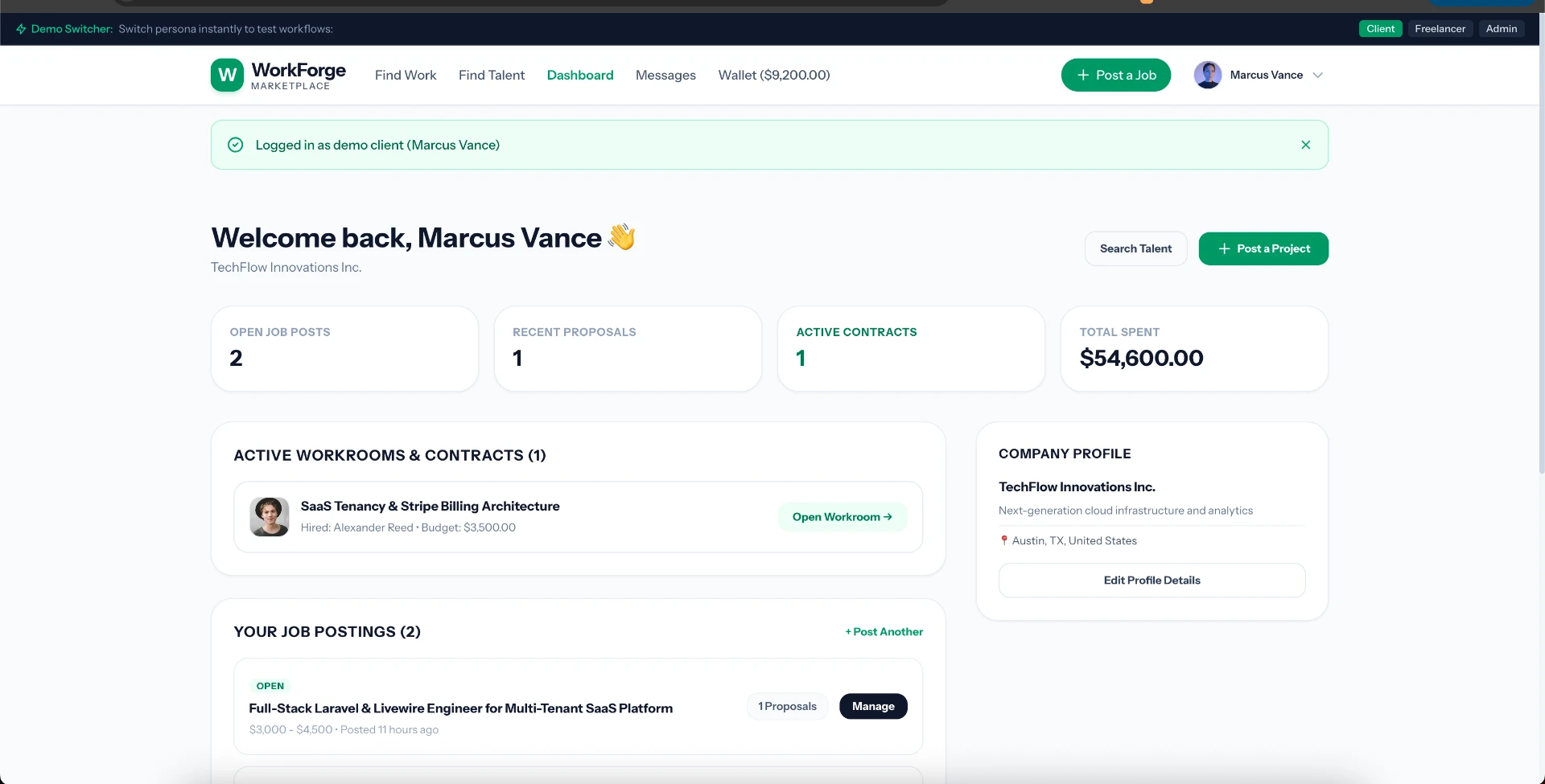 WorkForge screenshot — Client dashboard