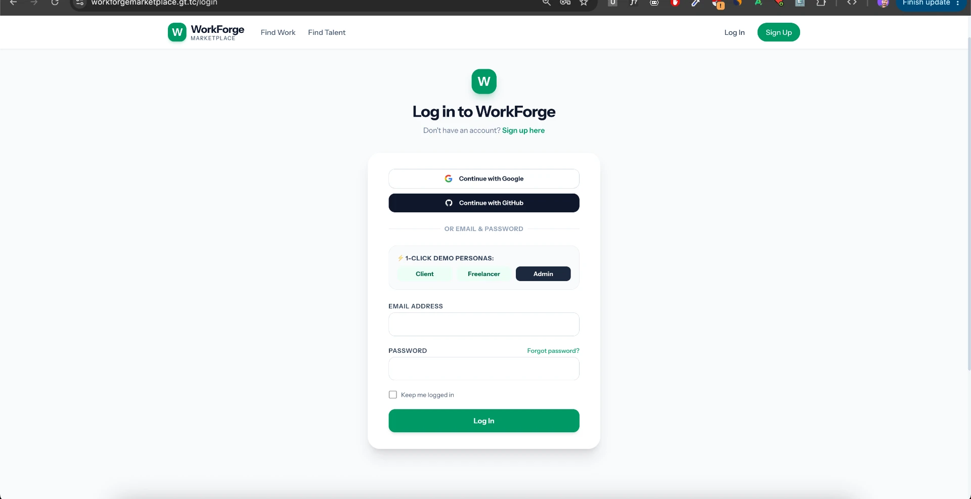 WorkForge screenshot — Auth & demo personas
