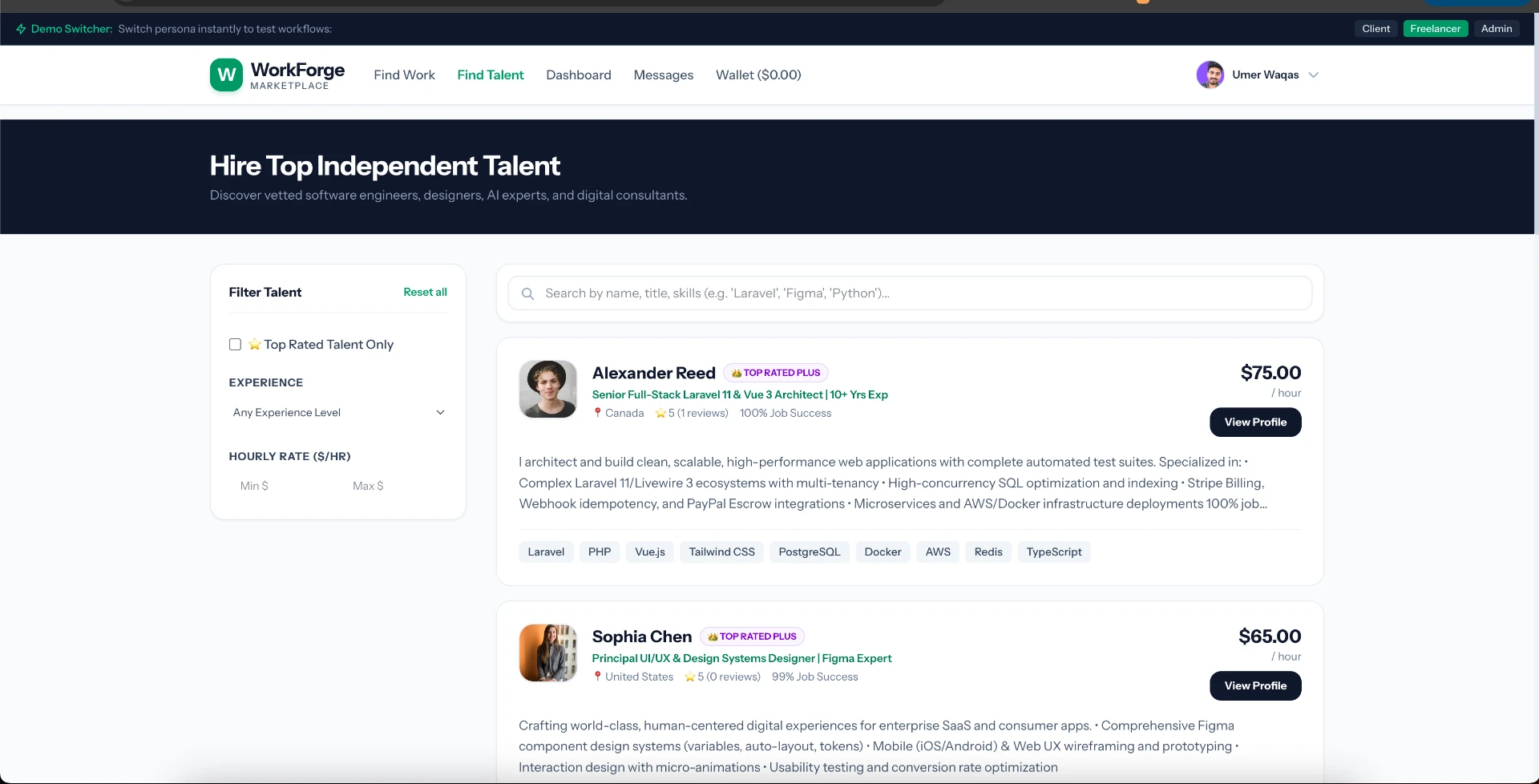 WorkForge screenshot — Find talent & filters