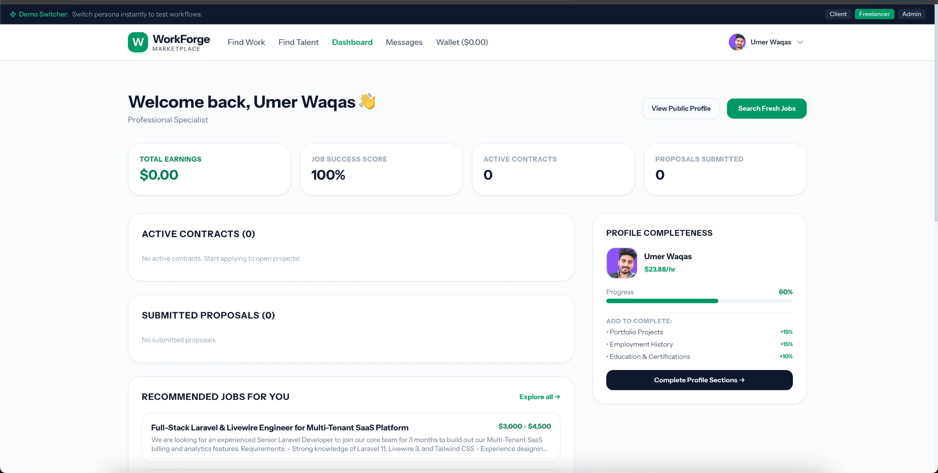 WorkForge screenshot — Freelancer dashboard