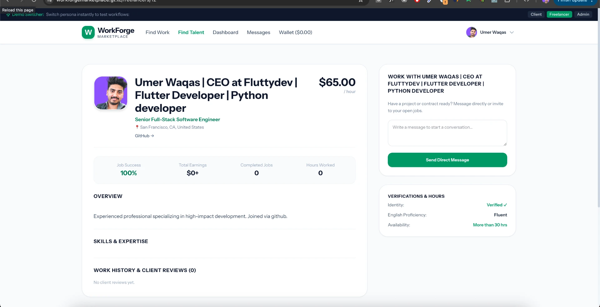 WorkForge screenshot — Freelancer public profile
